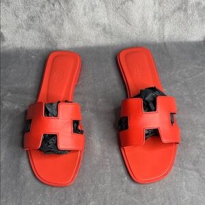 Hermes Red and Black Slide Sandals